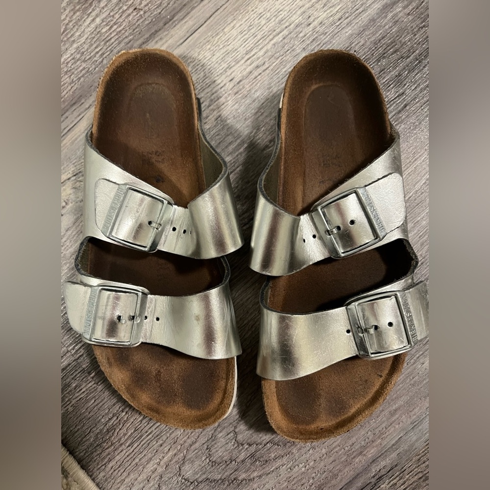 Women’s Silver Birkenstocks. Flaws pictured